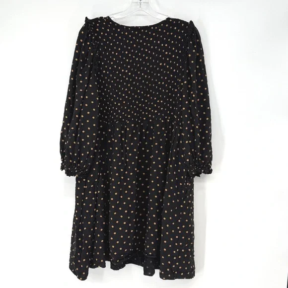 Madewell 2X Black Brown Polka Dot Smocked Babydoll Dress Midi Boho Peasant - Picture 2 of 6